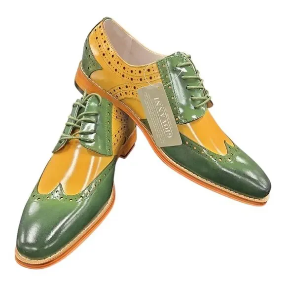 GIOVANNI MEN'S GREEN/SCOTCH LEATHER WING TIP DRESS SHOE. TROY. - Picture 3 of 9